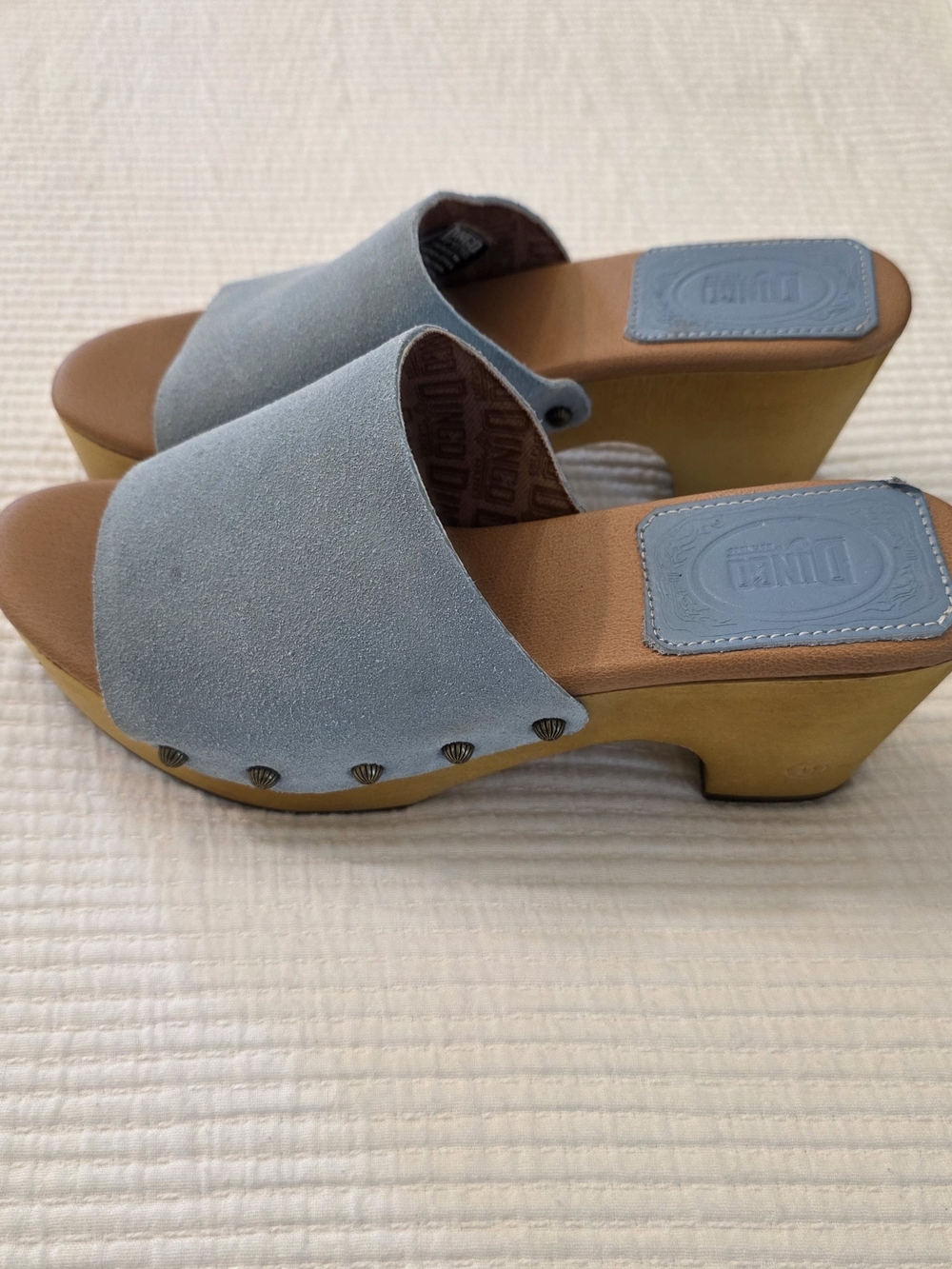 dingo Light Blue Suede Slip-On Clogs with Wooden Platform